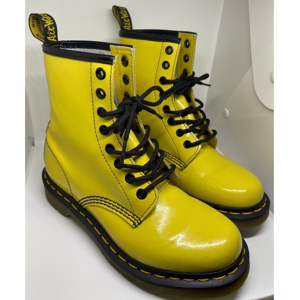 DR. MARTENS Yellow Patent Leather Ankle Boots - Picture 2 of 12